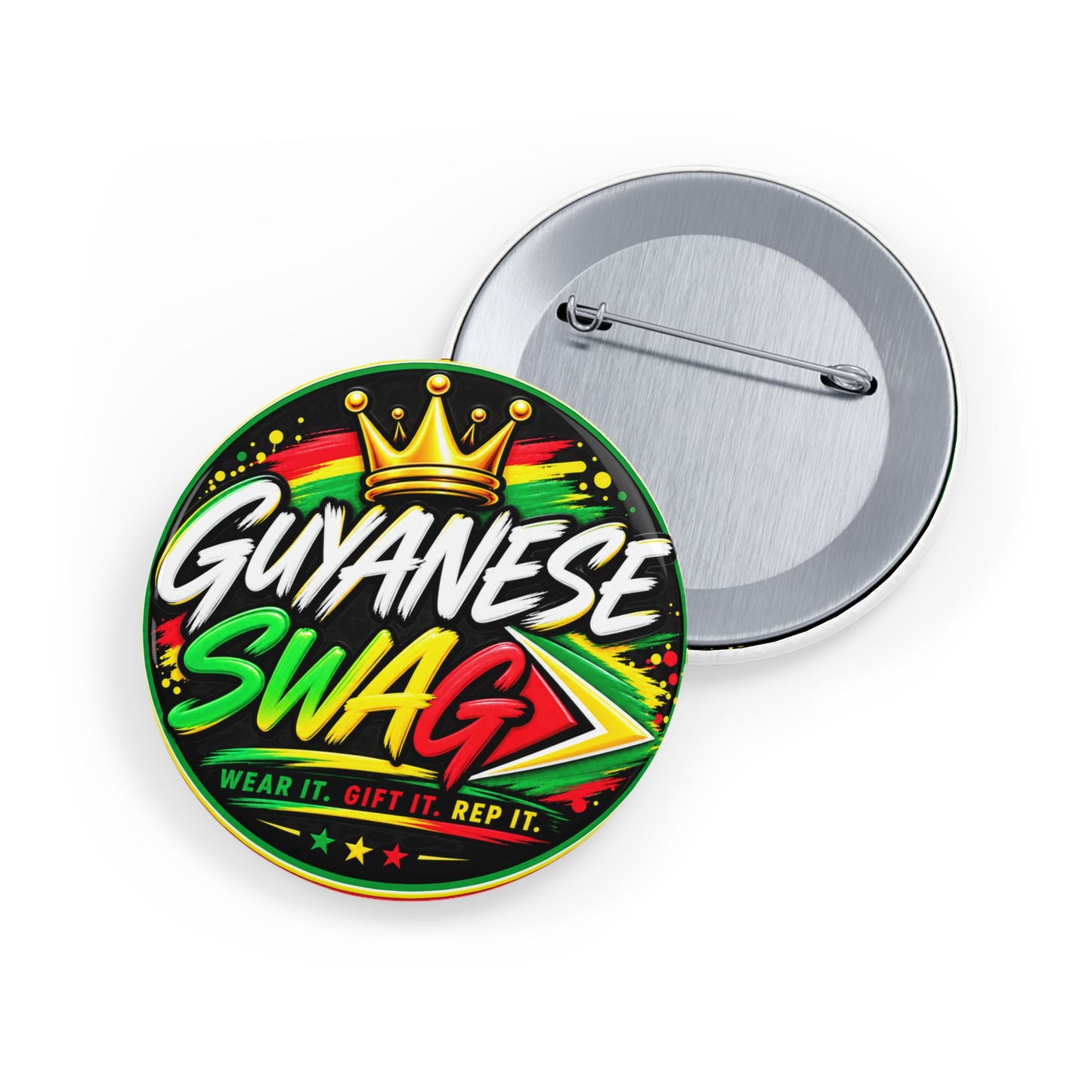 Guyanese Swag Round Pin – Bold Flag Colors & Crown Button Badge