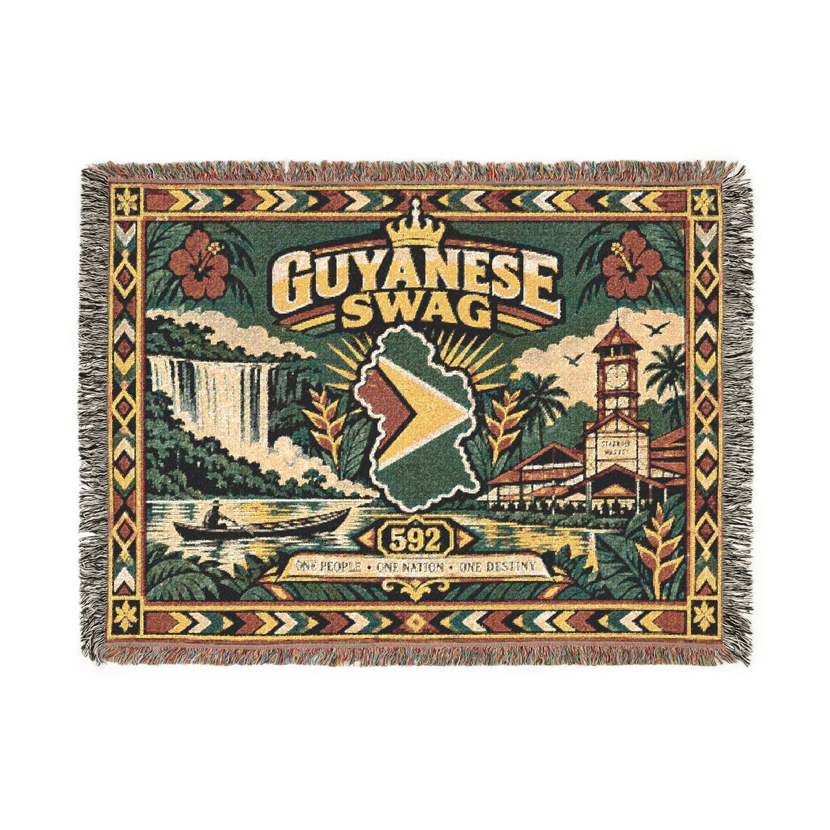 Guyana map woven blanket with colorful fringe