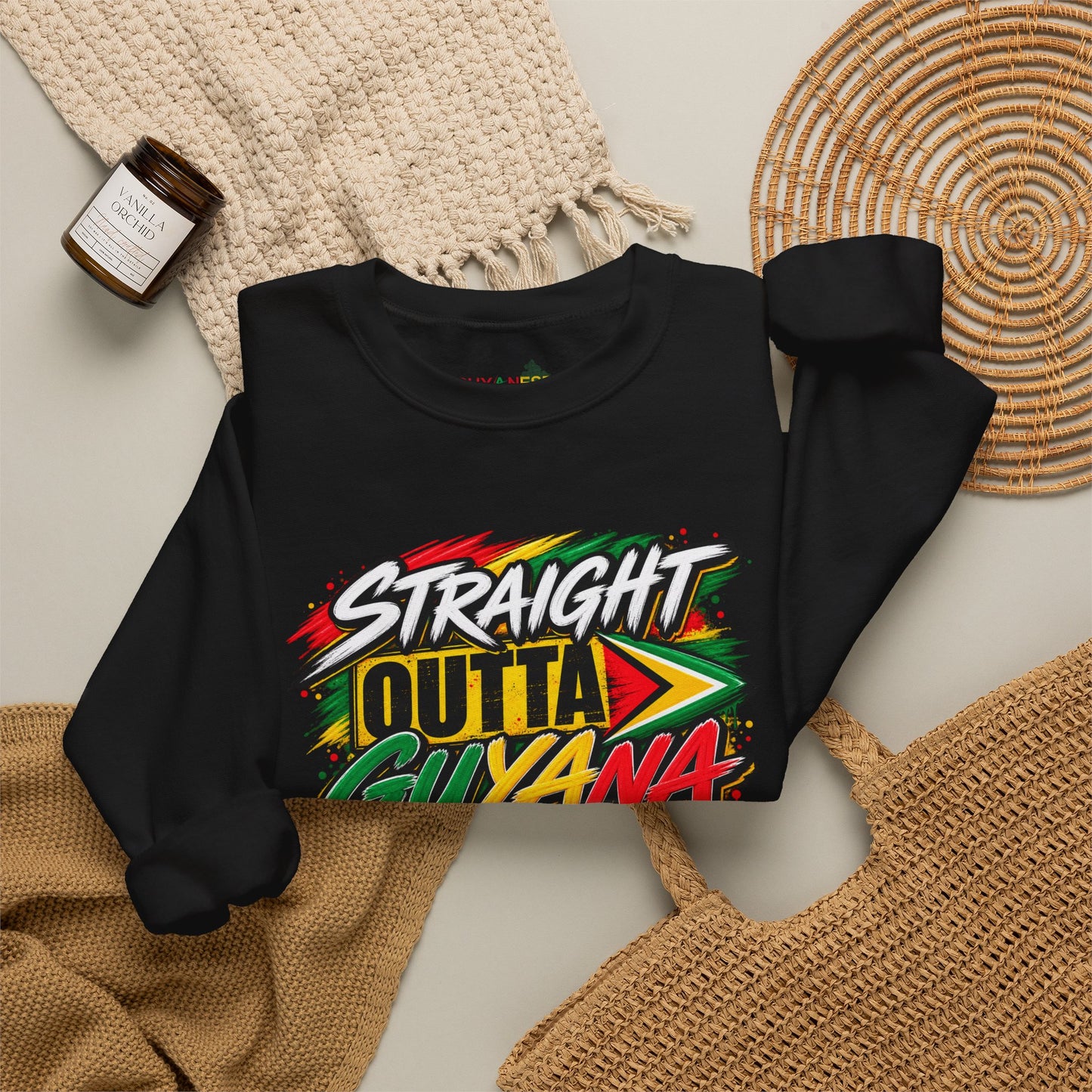 Crewneck Sweatshirt — “Straight Outta Guyana” Graphic with Guyanese Flag Sleeve Accents