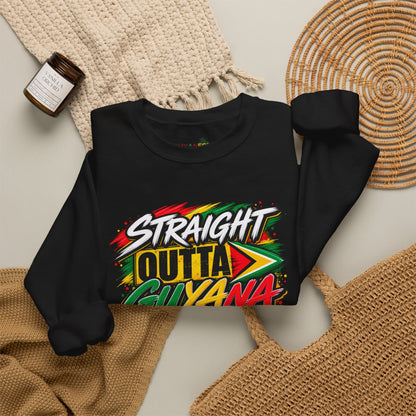 Crewneck Sweatshirt — “Straight Outta Guyana” Graphic with Guyanese Flag Sleeve Accents