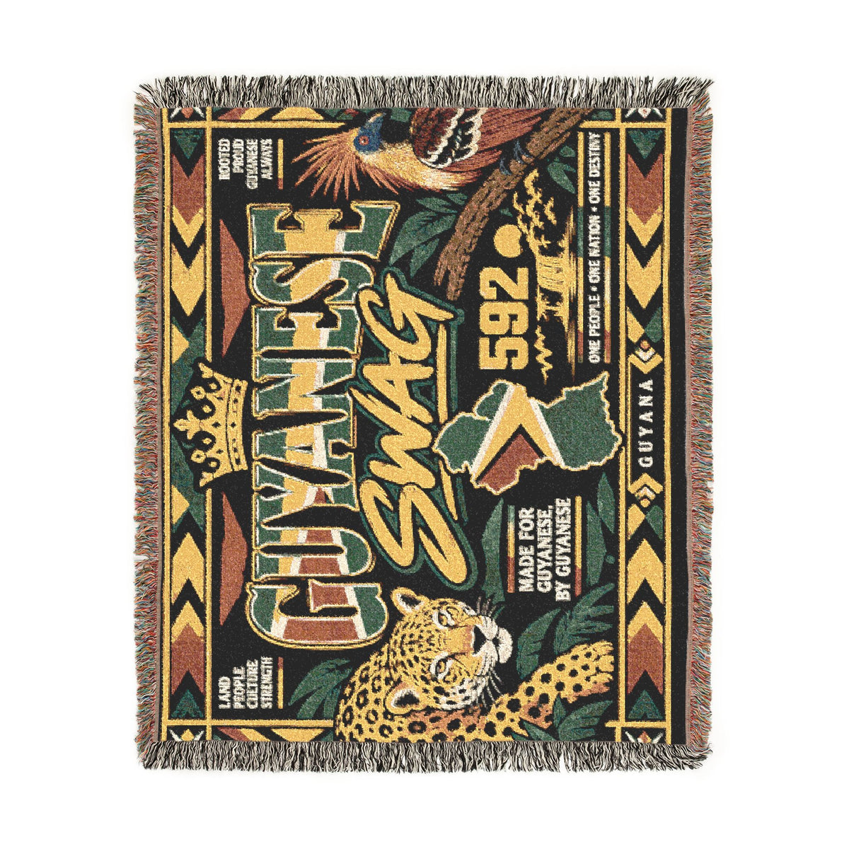 Guyana jaguar woven blanket shown as bedroom decor