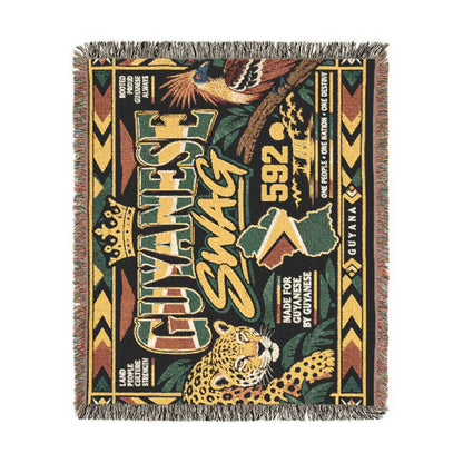 Guyana jaguar woven blanket shown as bedroom decor
