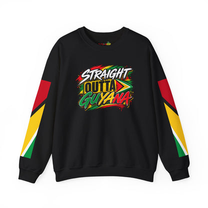 Crewneck Sweatshirt — “Straight Outta Guyana” Graphic with Guyanese Flag Sleeve Accents