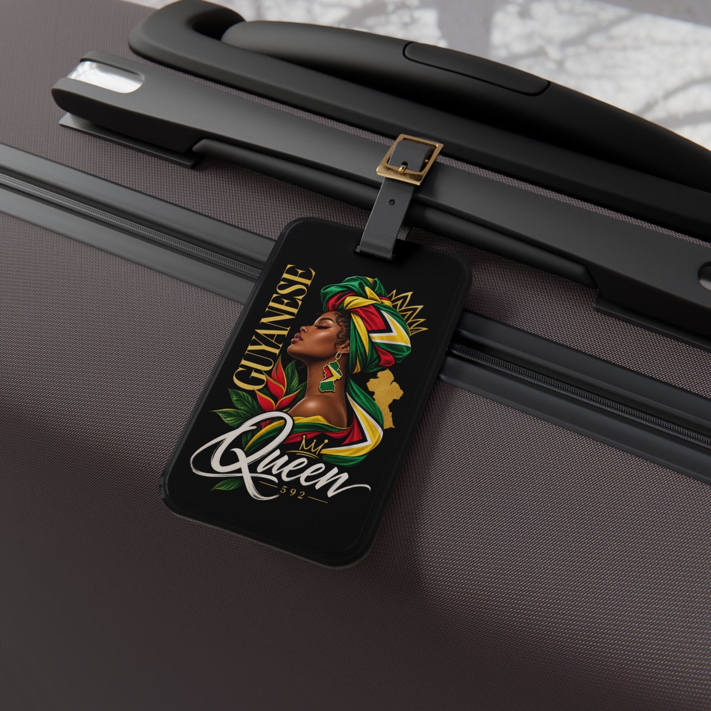 Guyanese Queen Luggage Tag — Black Travel ID Tag with Afrocentric Crown Design