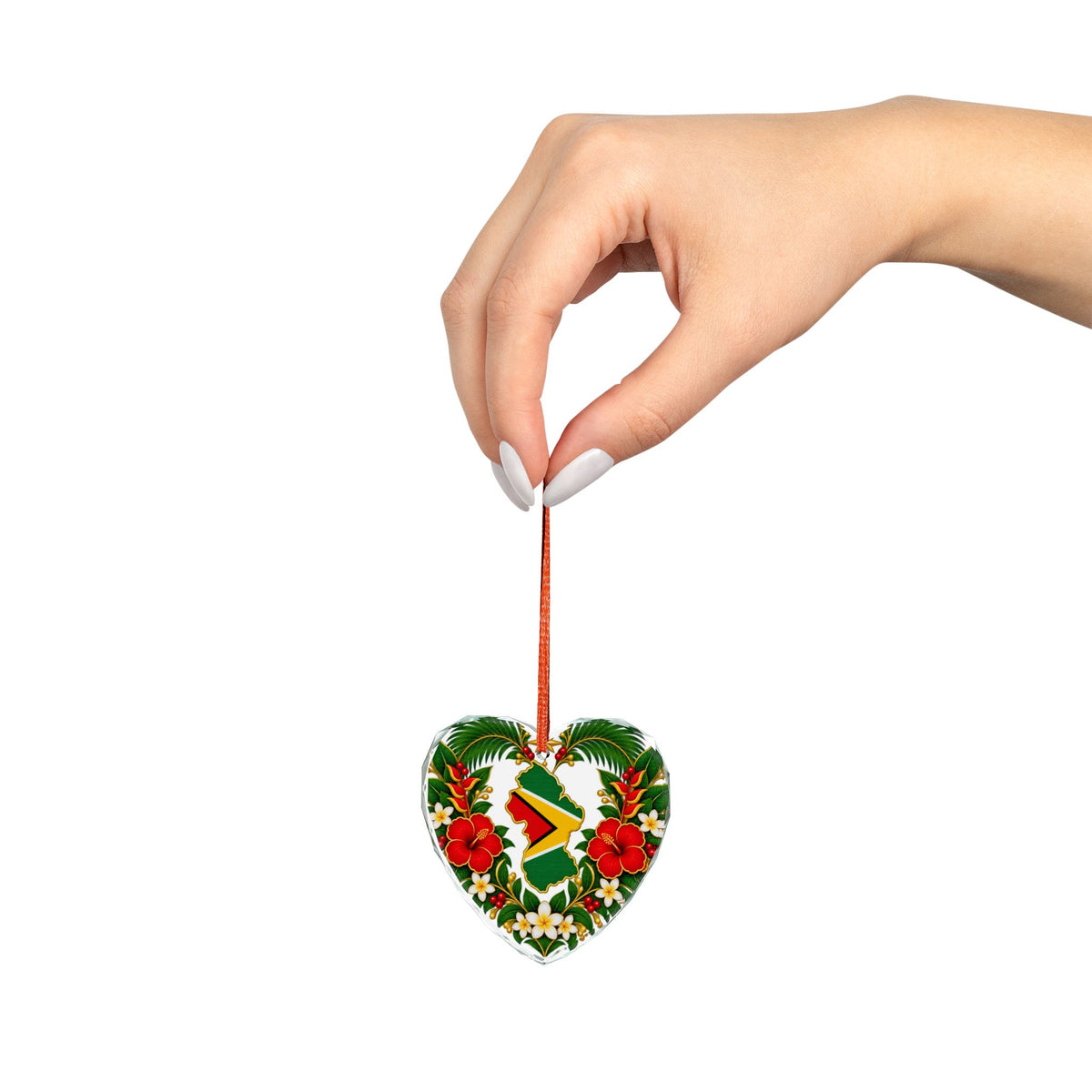 Guyanese Christmas decor crystal ornament with red hanging ribbon