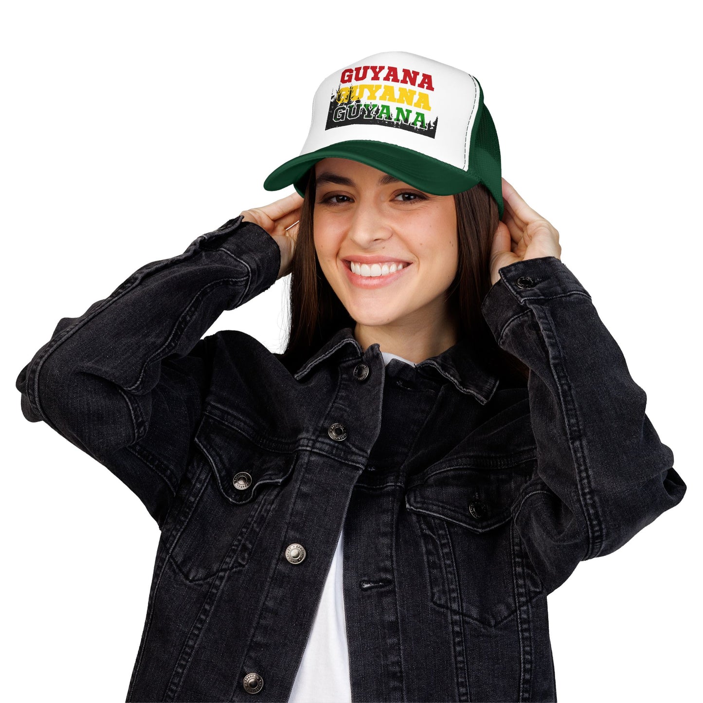 Guyana Retro Trucker Hat — Distressed Red Yellow Green Text Cap