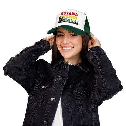 Guyana Retro Trucker Hat — Distressed Red Yellow Green Text Cap
