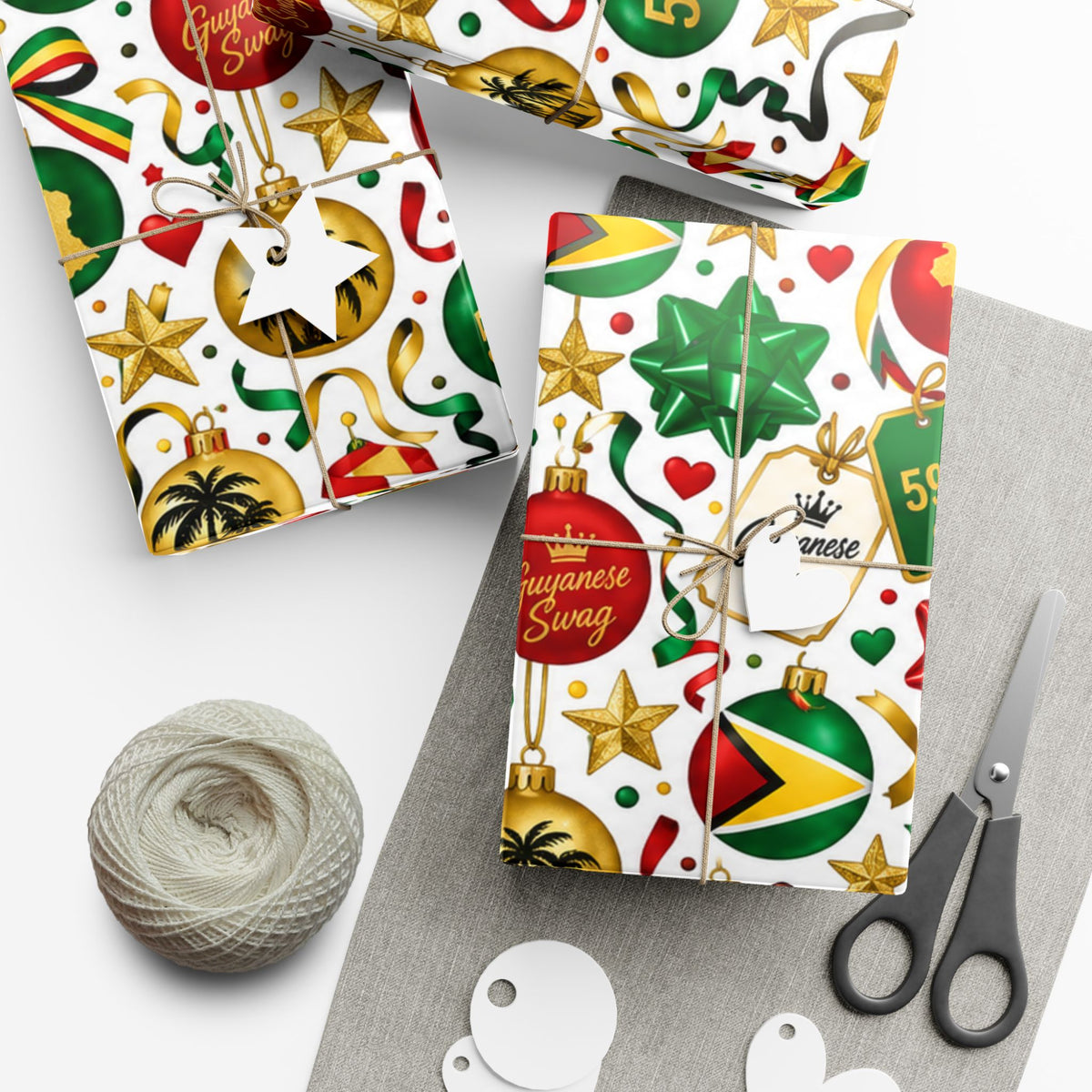 Red green and gold Guyana Christmas wrapping paper