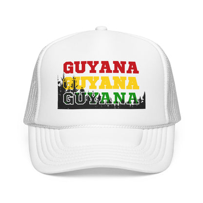 Guyana Retro Trucker Hat — Distressed Red Yellow Green Text Cap