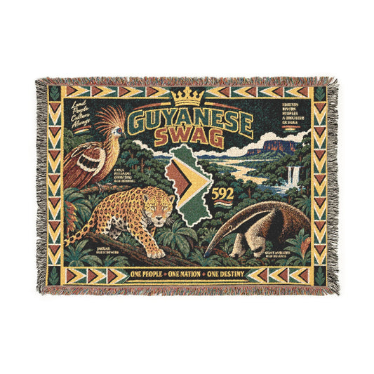 Guyana Jaguar & Map Woven Throw Blanket – Tropical Wildlife Design