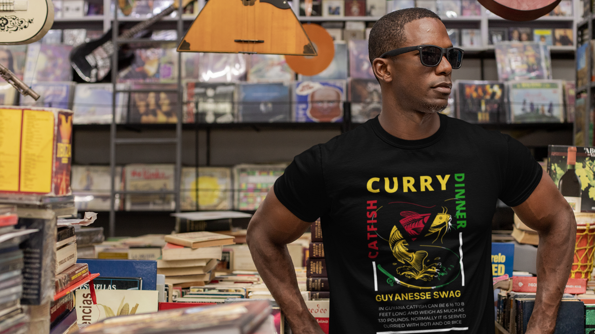 Guyanese Swag catfish curry shirt worn in a music shop.
