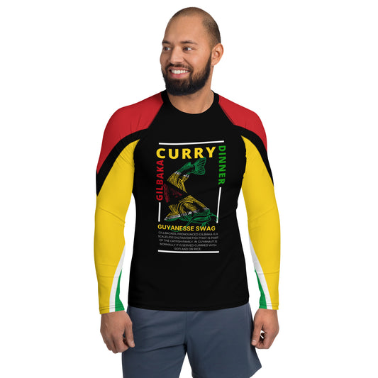 Gilbaka Curry Dinner Long Sleeve Men's Rash Guard - Guyana Flag Sleeve