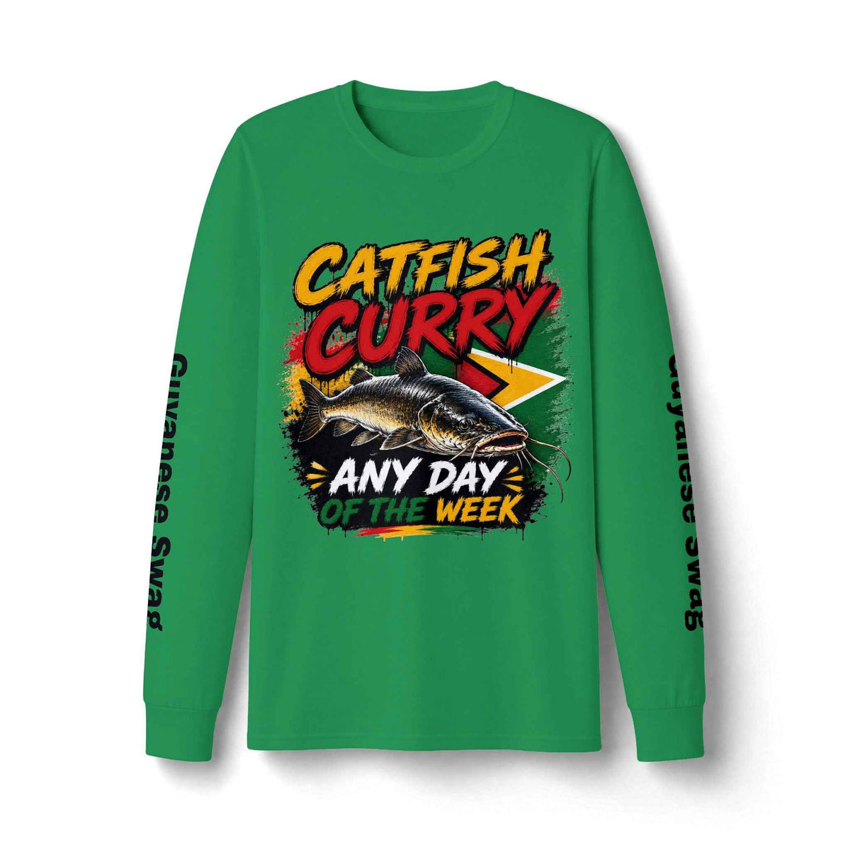Catfish Curry Guyana Long Sleeve Shirt in Kelly, front view