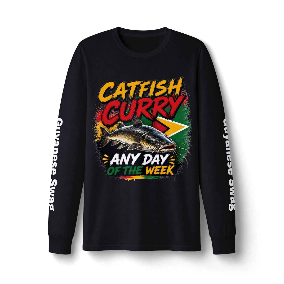 Catfish Curry Guyana Long Sleeve Shirt in Black, front view