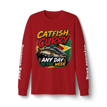 Catfish Curry Guyana Long Sleeve Shirt in True Red, front view