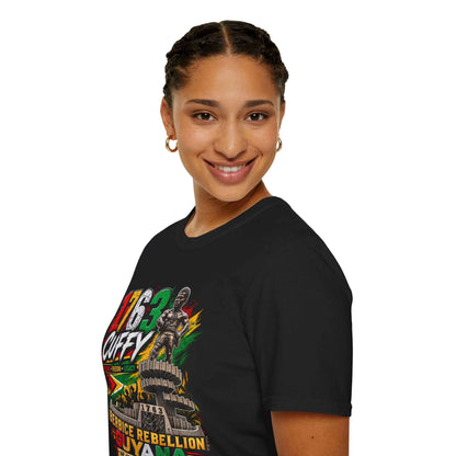 Cuffy 1763 Guyana Unisex T-Shirt, black shirt modeled view