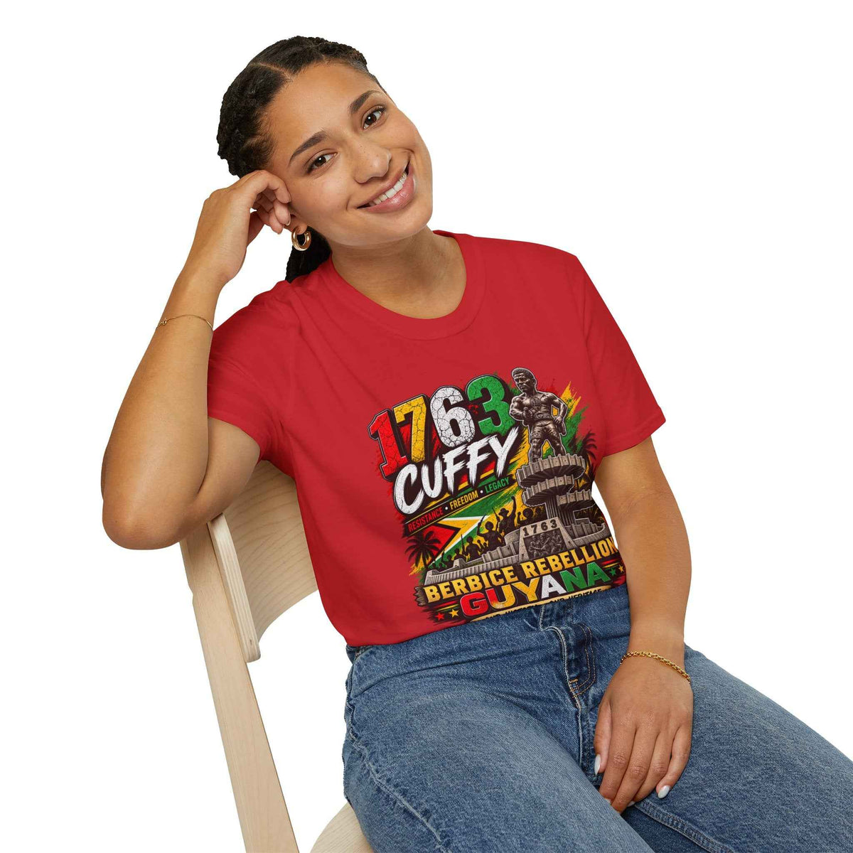 Cuffy 1763 Guyana Unisex T-Shirt, red shirt seated modeled view
