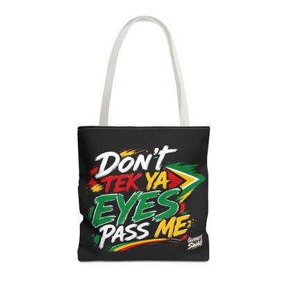 Don't Tek Ya Eyes Pass Me Black Tote Bag in White, alternate product view 8