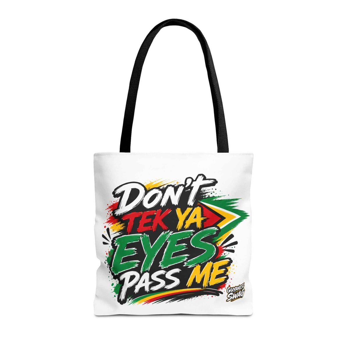 Don't Tek Ya Eyes Pass Me White Tote Bag in Black, alternate product view 2