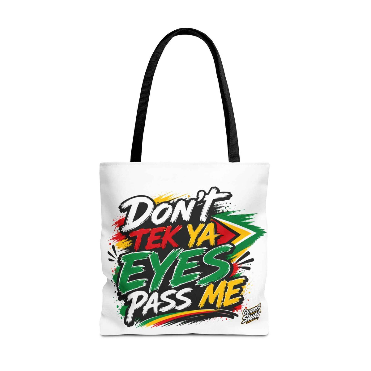 Don't Tek Ya Eyes Pass Me White Tote Bag in Black, alternate product view 3