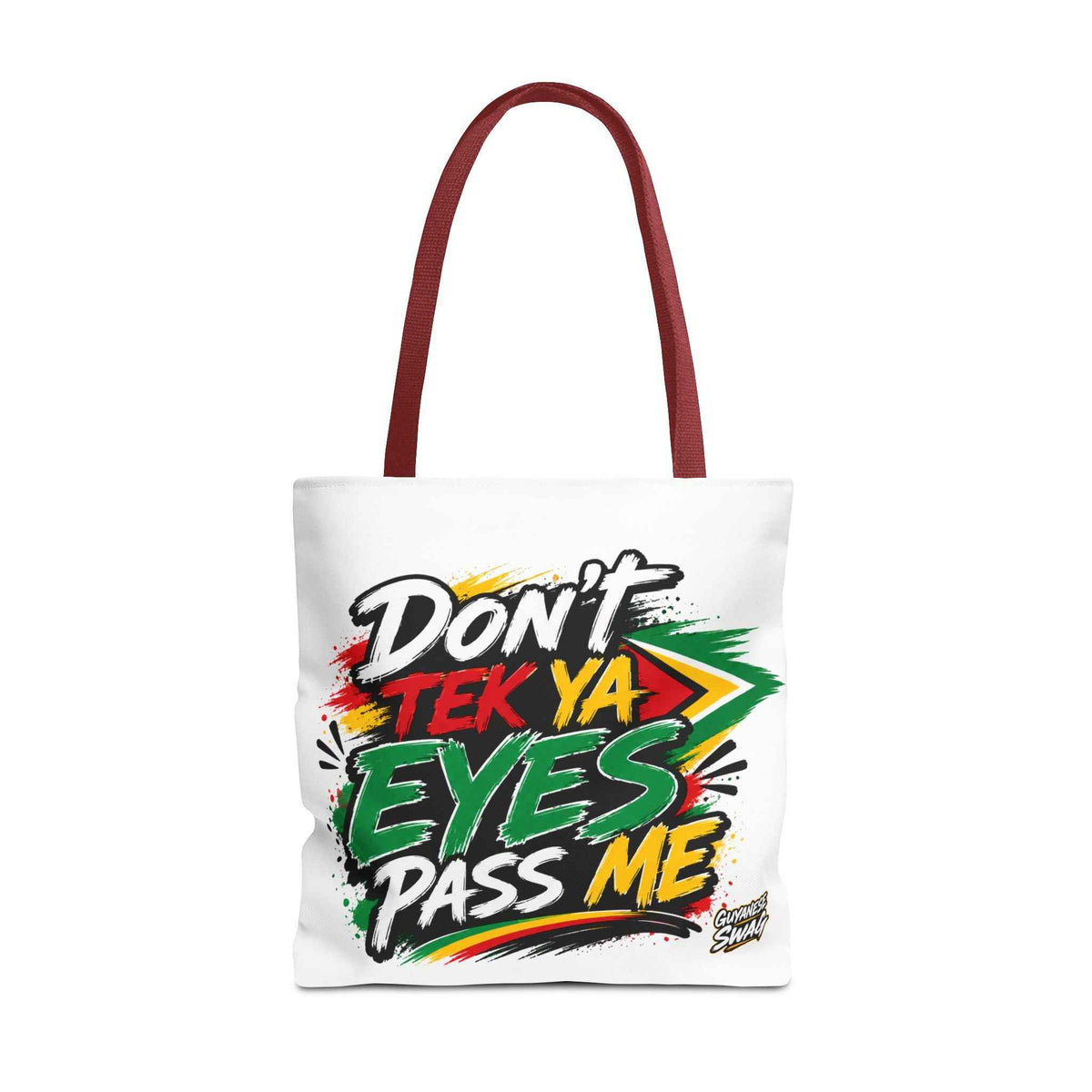 Don't Tek Ya Eyes Pass Me White Tote Bag in Red, alternate product view 6