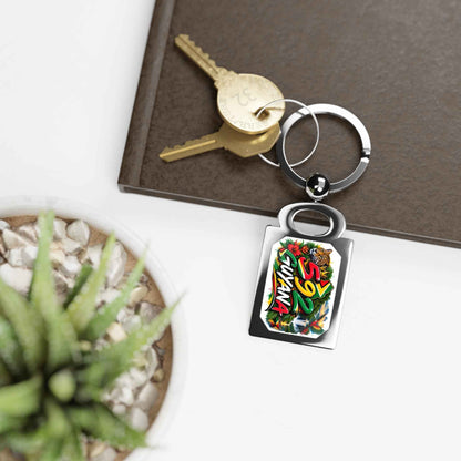 Guyana 592 Rectangle Metal Keychain, keychain shown with keys