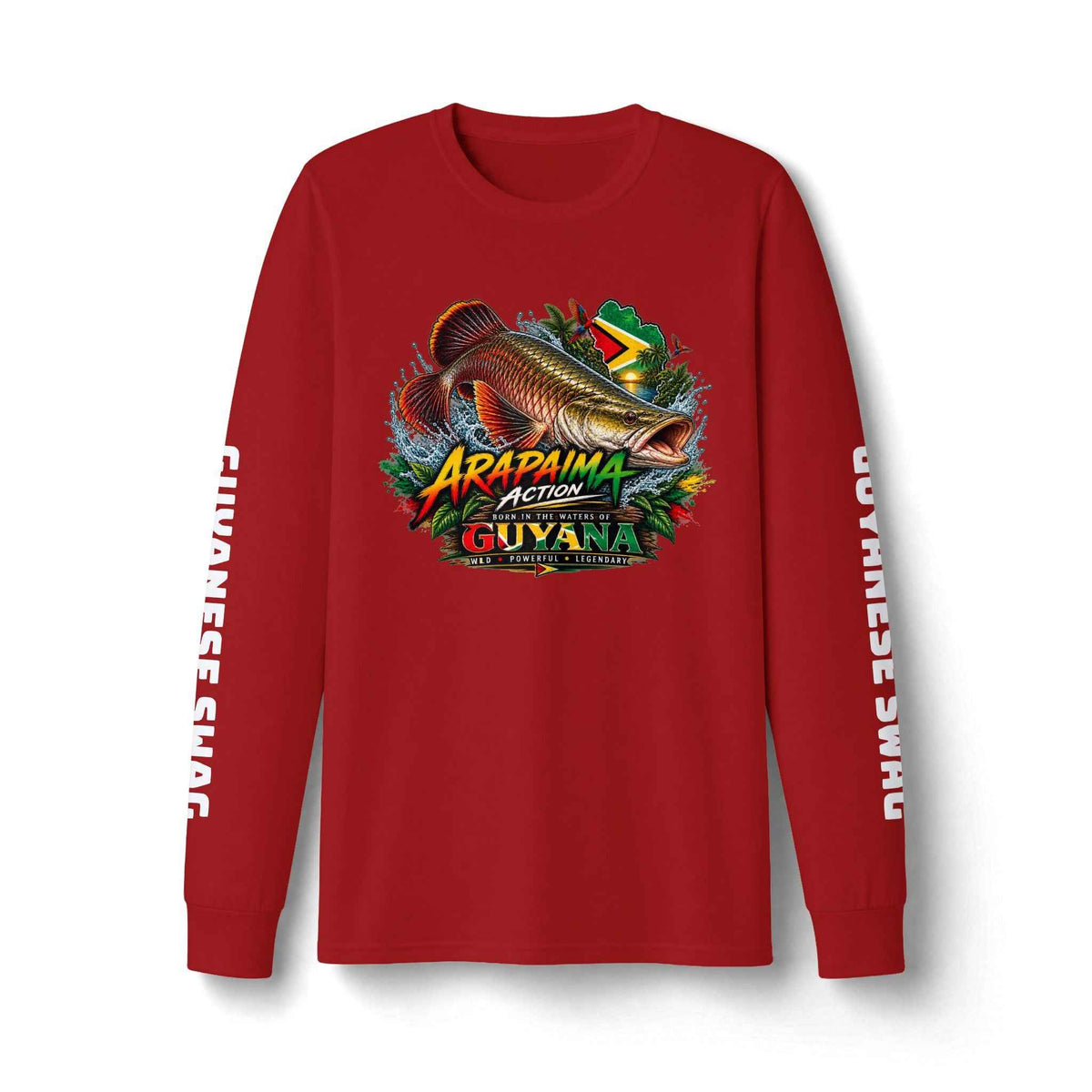 Guyana Arapaima Fishing Long Sleeve Shirt in True Red, front view