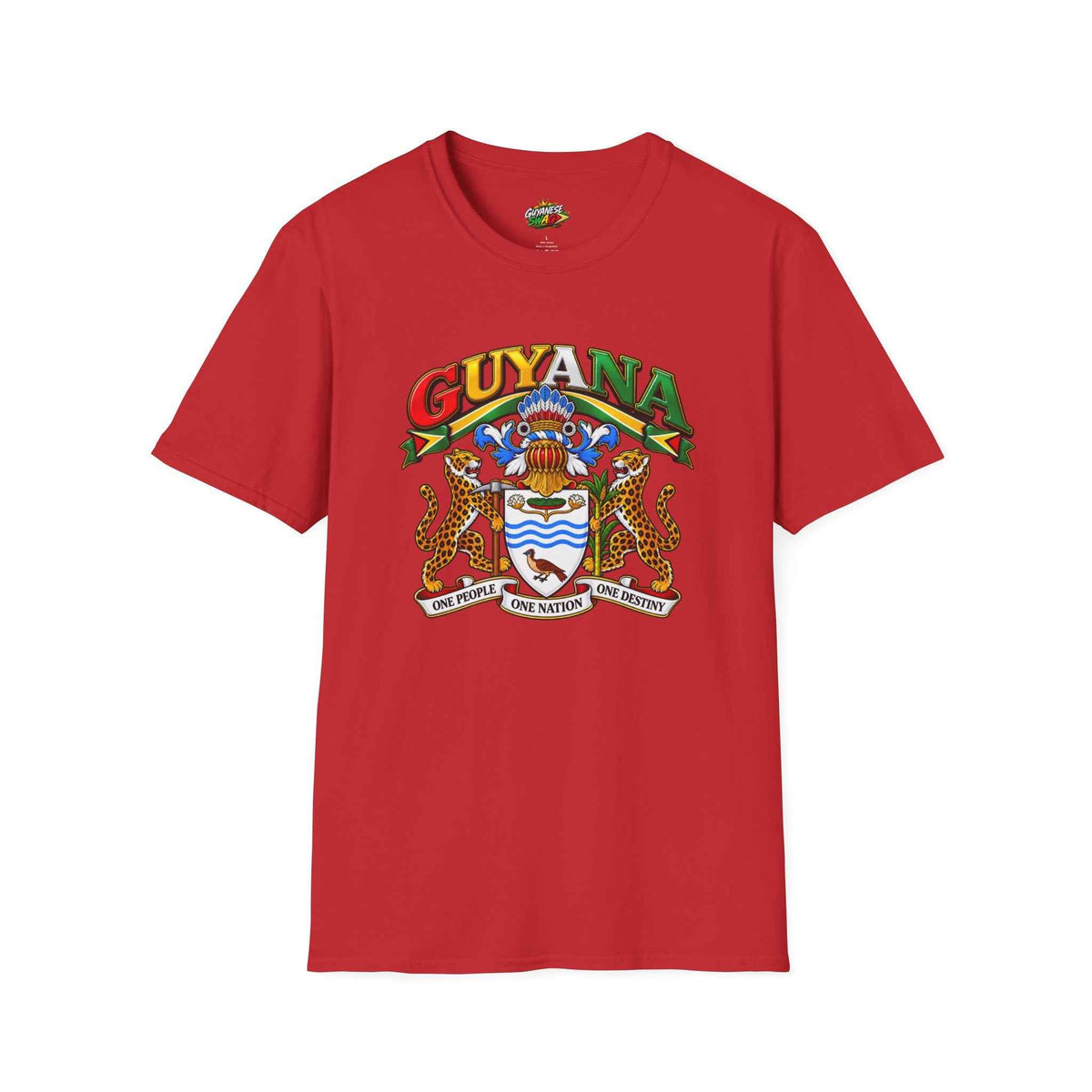 Guyana Coat of Arms Unisex T-Shirt, red shirt front view