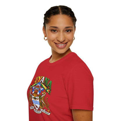 Guyana Coat of Arms Unisex T-Shirt, red shirt modeled view