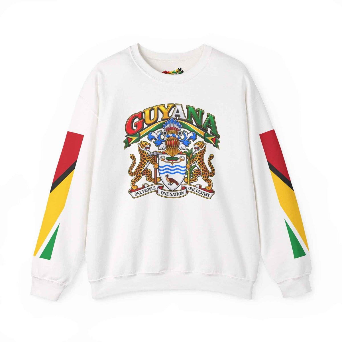 Guyana Crest and Flag Crewneck Sweatshirt in White, front product view
