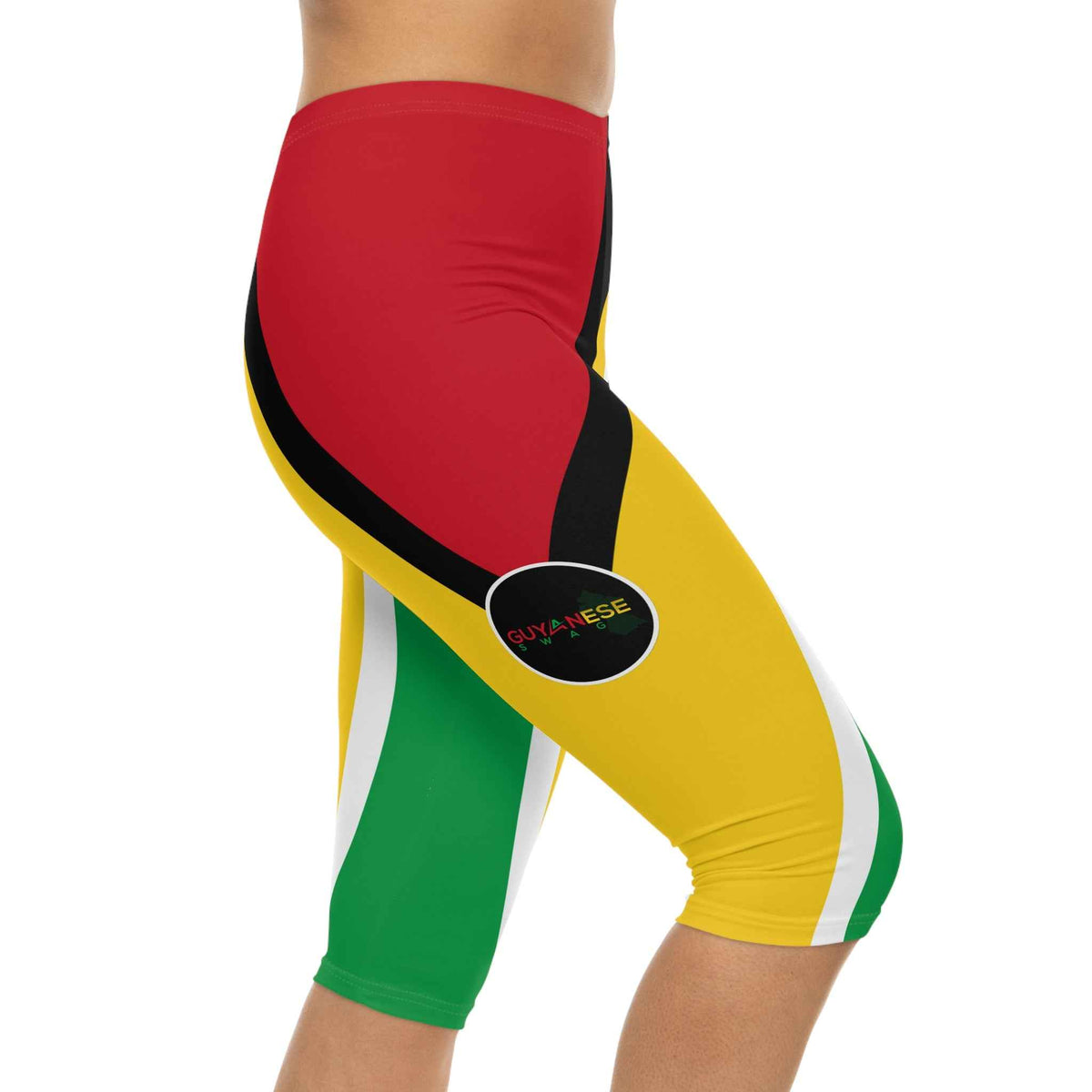 Guyana Flag Capri Leggings in White stitching, front product view