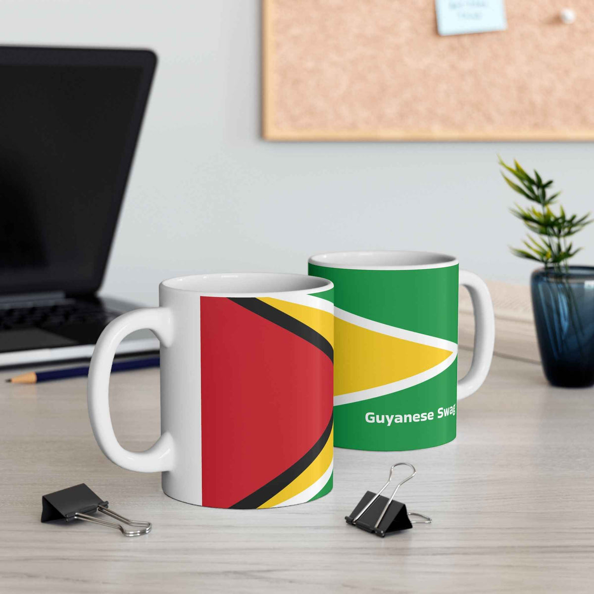 Guyana Flag Ceramic Mug, mug shown on a desk