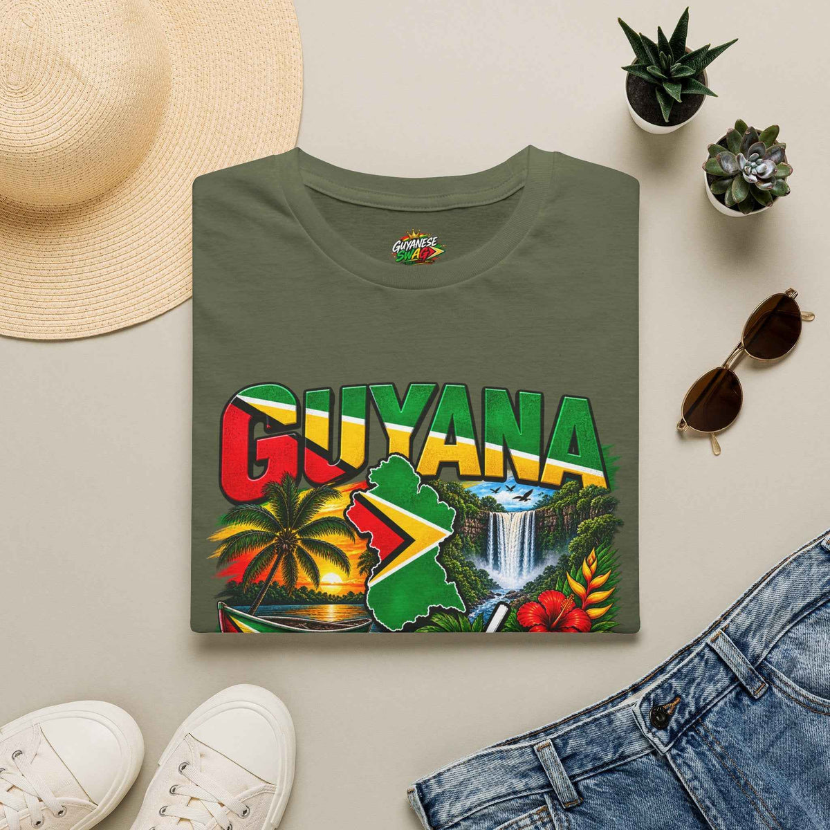 Guyana Independence 1966 Unisex T-Shirt in Military Green, green shirt folded view