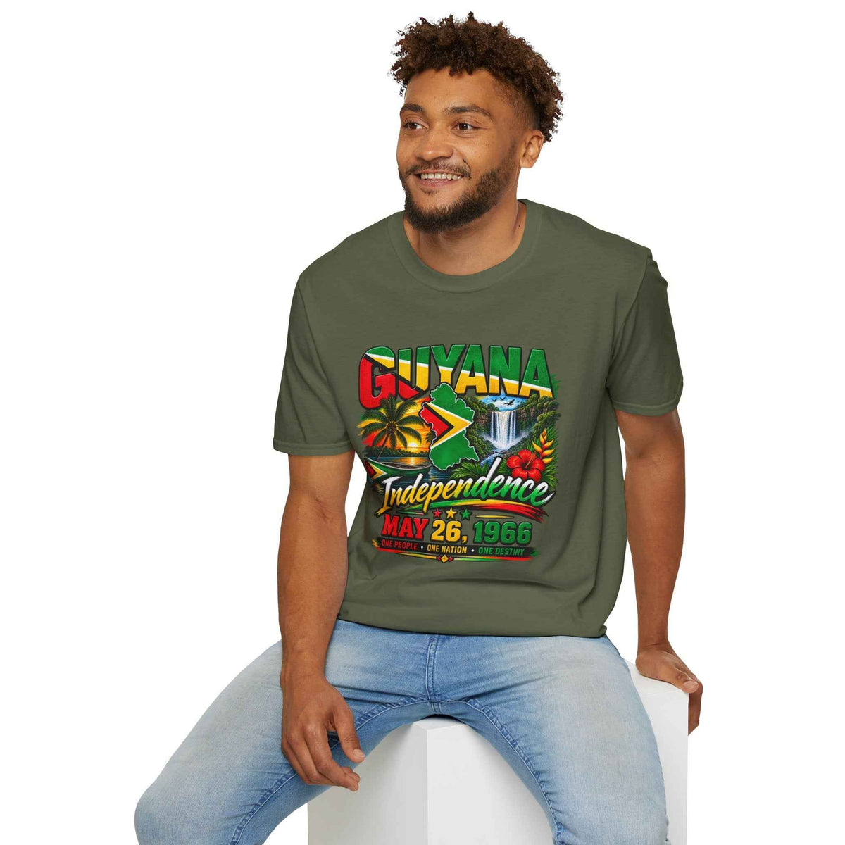 Guyana Independence 1966 Unisex T-Shirt, green shirt seated alternate view