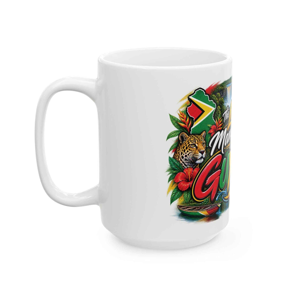 Guyana Land of Many Waters Ceramic Mug, mug shown on a table