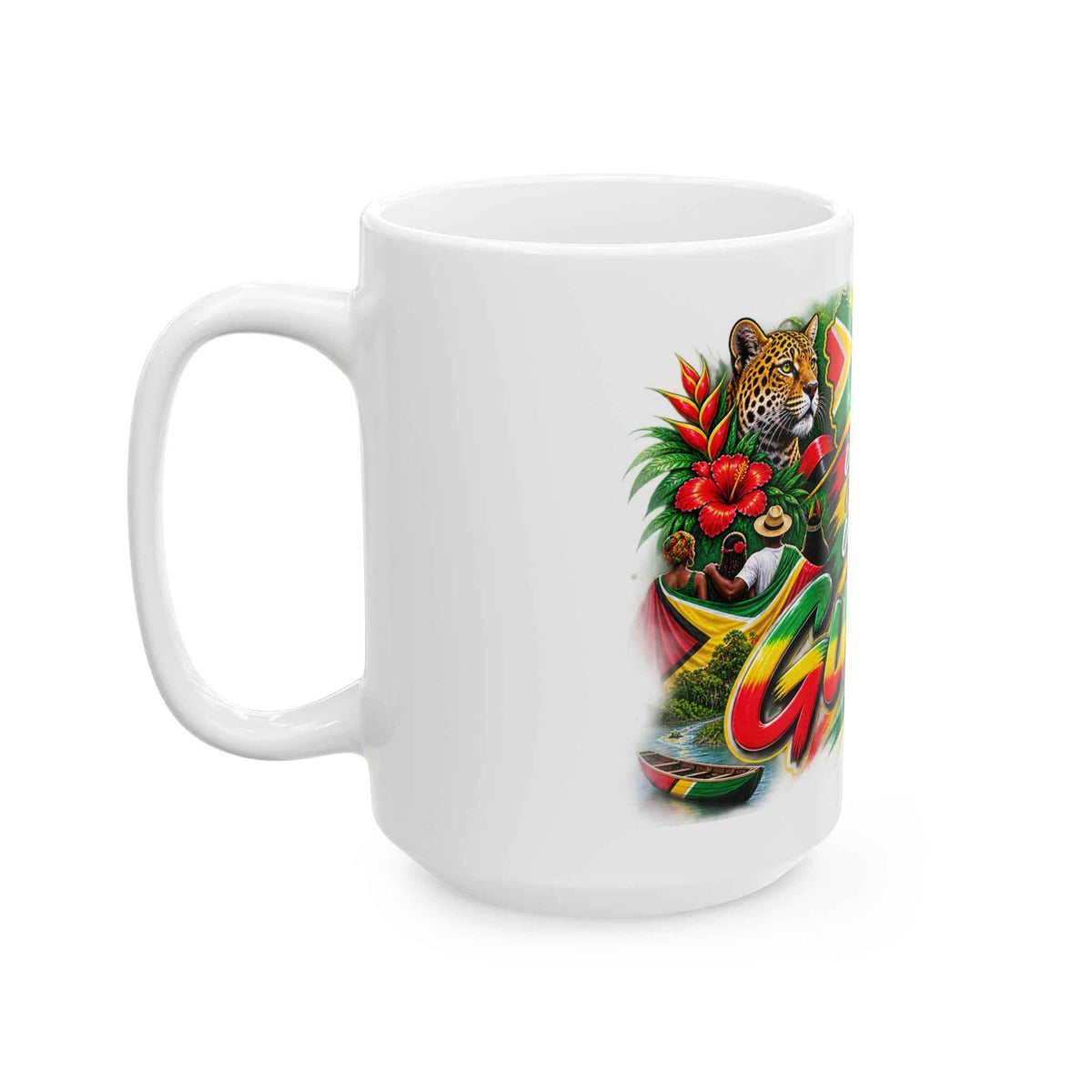 Guyana Motto Flag Ceramic Mug, mug shown on a table