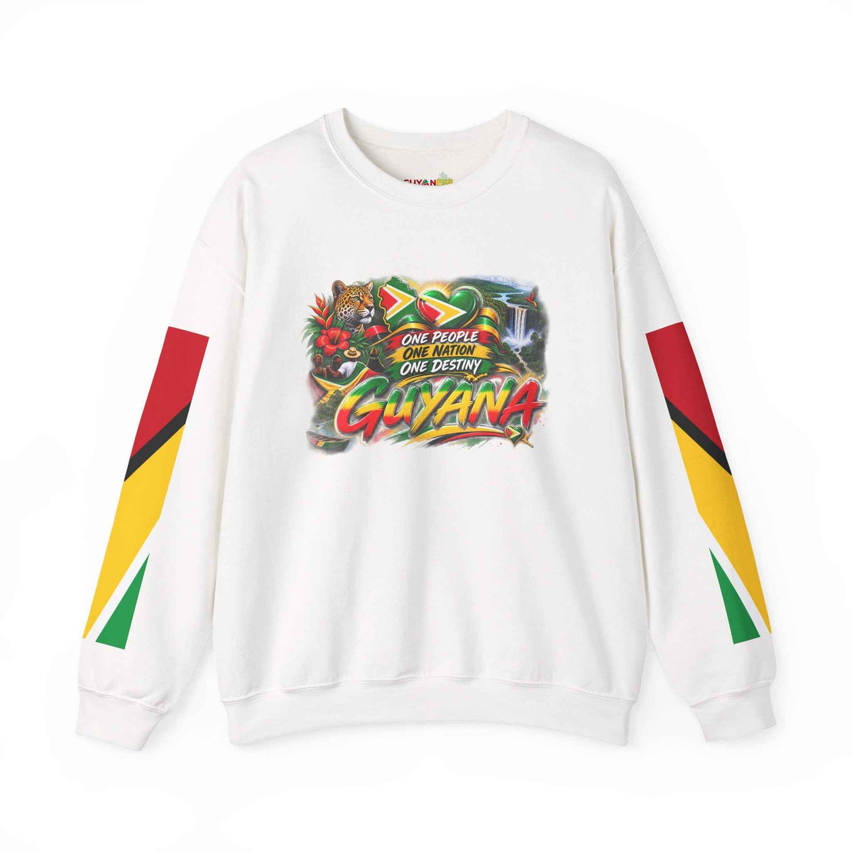 Guyana Motto Flag Crewneck Sweatshirt in White, front product view