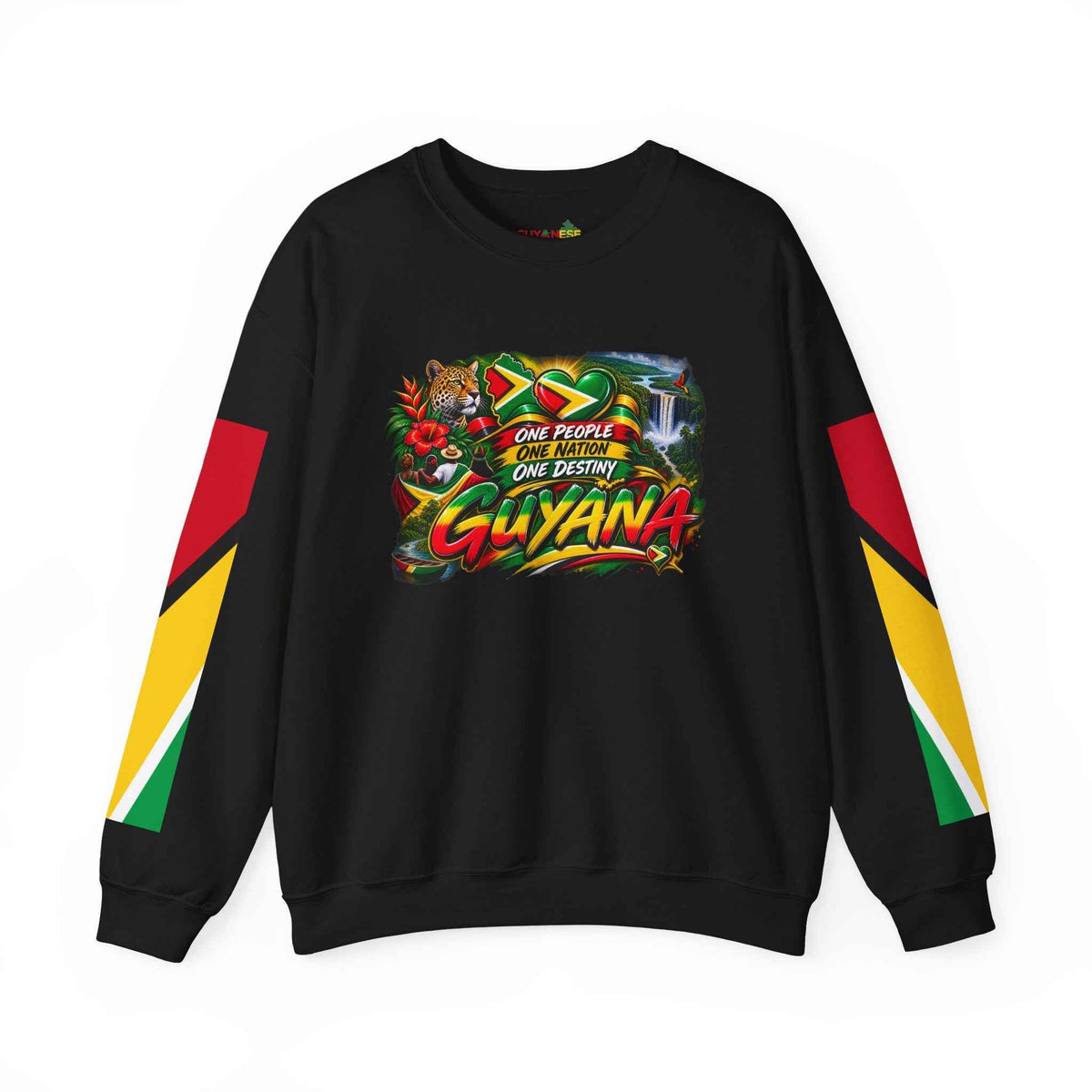 Guyana Motto Flag Crewneck Sweatshirt in Black, back view
