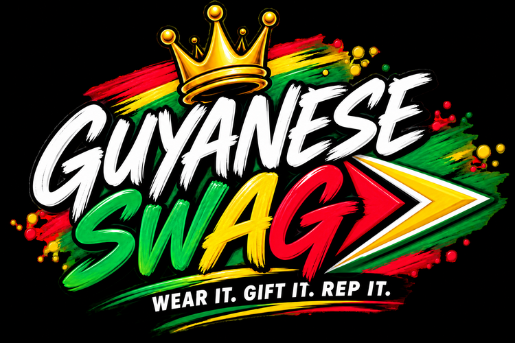 Guyanese Swag — Wear it. Gift it. Rep it. Official crown and Golden Arrowhead logo.