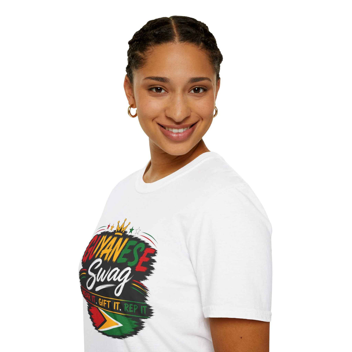 Guyanese Swag Crown Graphic T-Shirt, white shirt modeled view