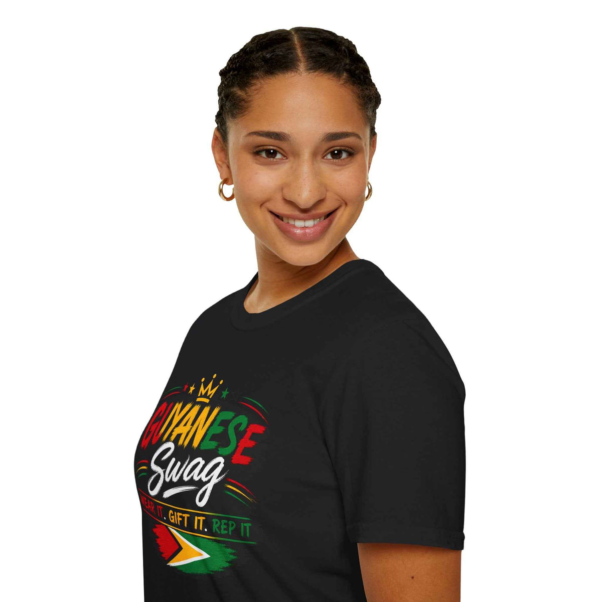 Guyanese Swag Crown Graphic T-Shirt, black shirt modeled view