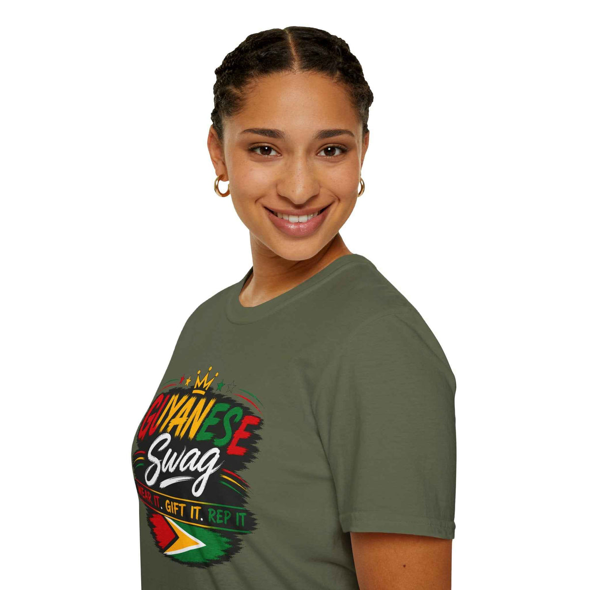 Guyanese Swag Crown Graphic T-Shirt, green shirt modeled view