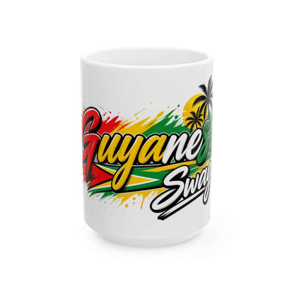 Guyanese Swag Flag Graphic Ceramic Mug in 15oz, second size front view