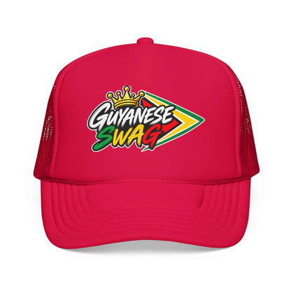 Guyanese Swag Foam Mesh Trucker Hat in Red, top view