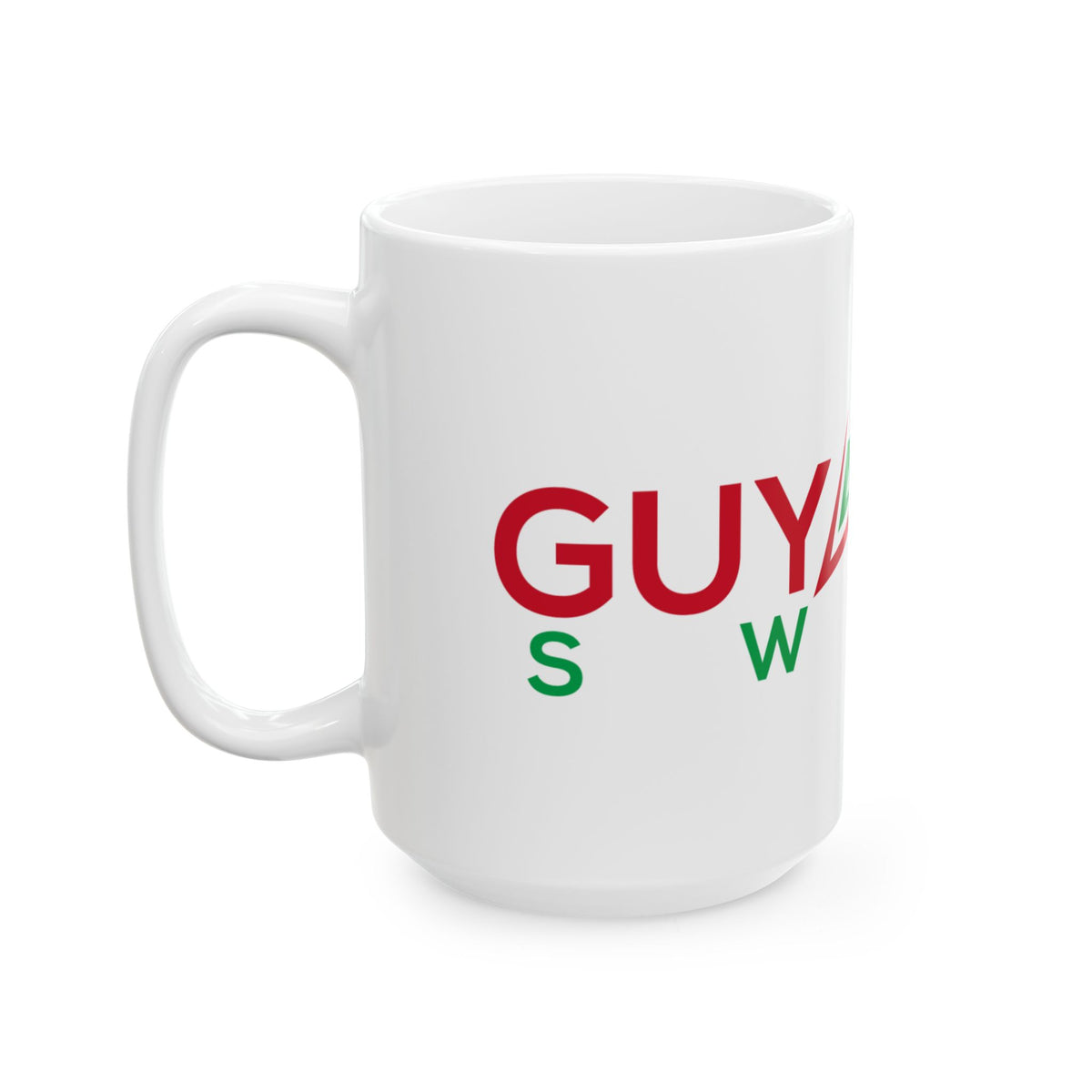 Guyanese Swag Guyana Map Ceramic Mug, mug shown on a table