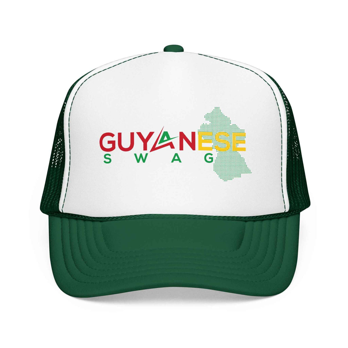 Guyanese Swag Guyana Map Trucker Hat in Kelly, front product view