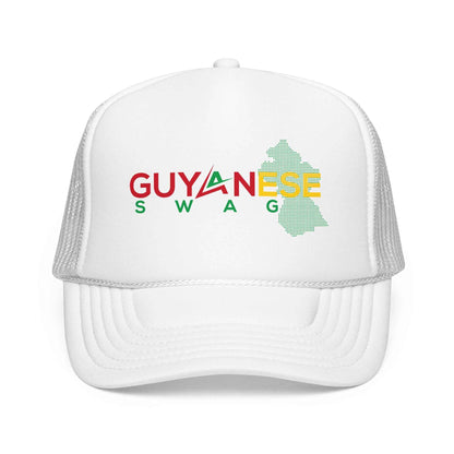 Guyanese Swag Guyana Map Trucker Hat in White, top view