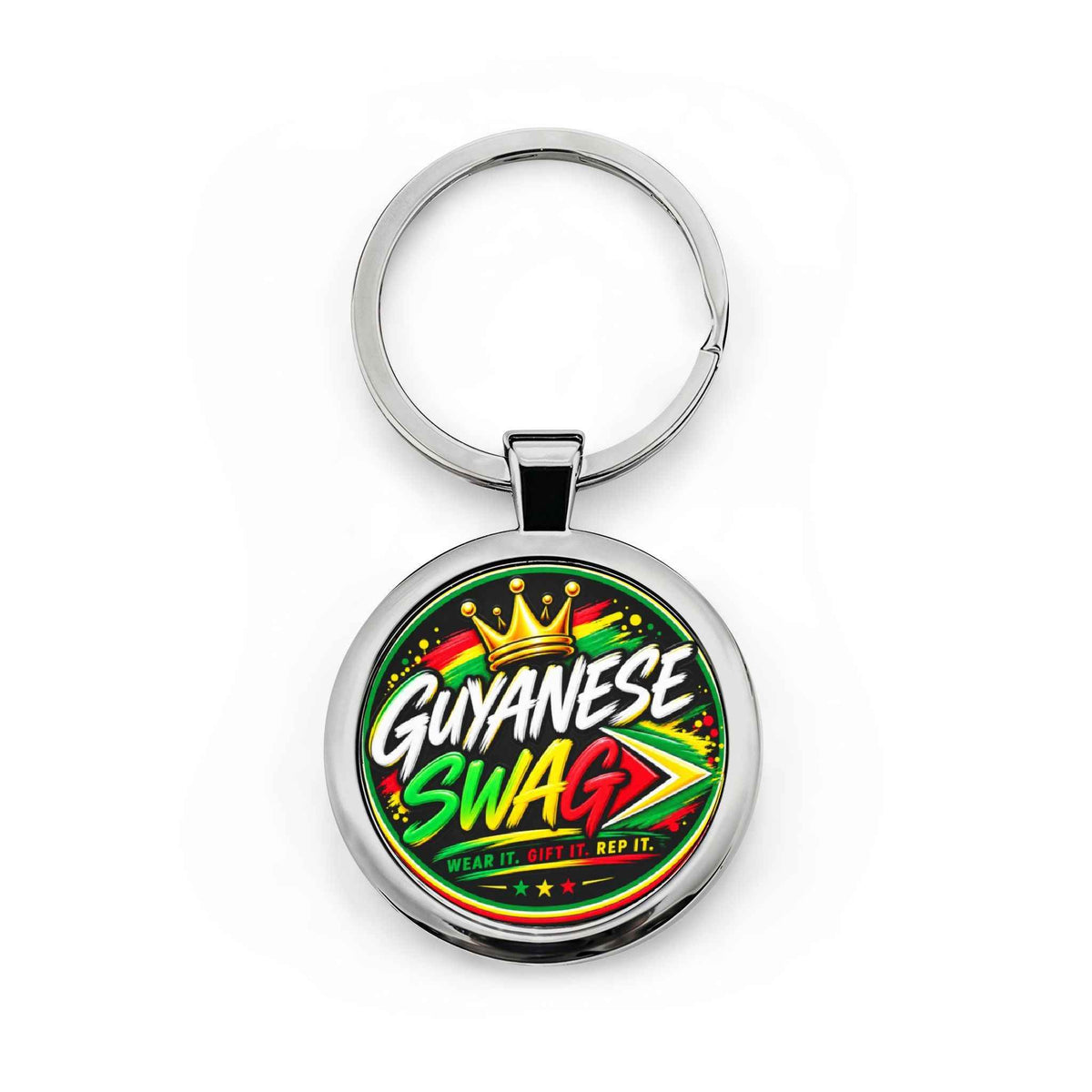 Guyanese Swag Round Stainless Steel Keychain in One size, front product view