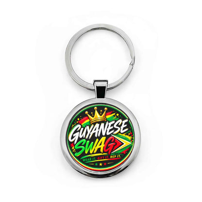 Guyanese Swag Round Stainless Steel Keychain in One size, front product view