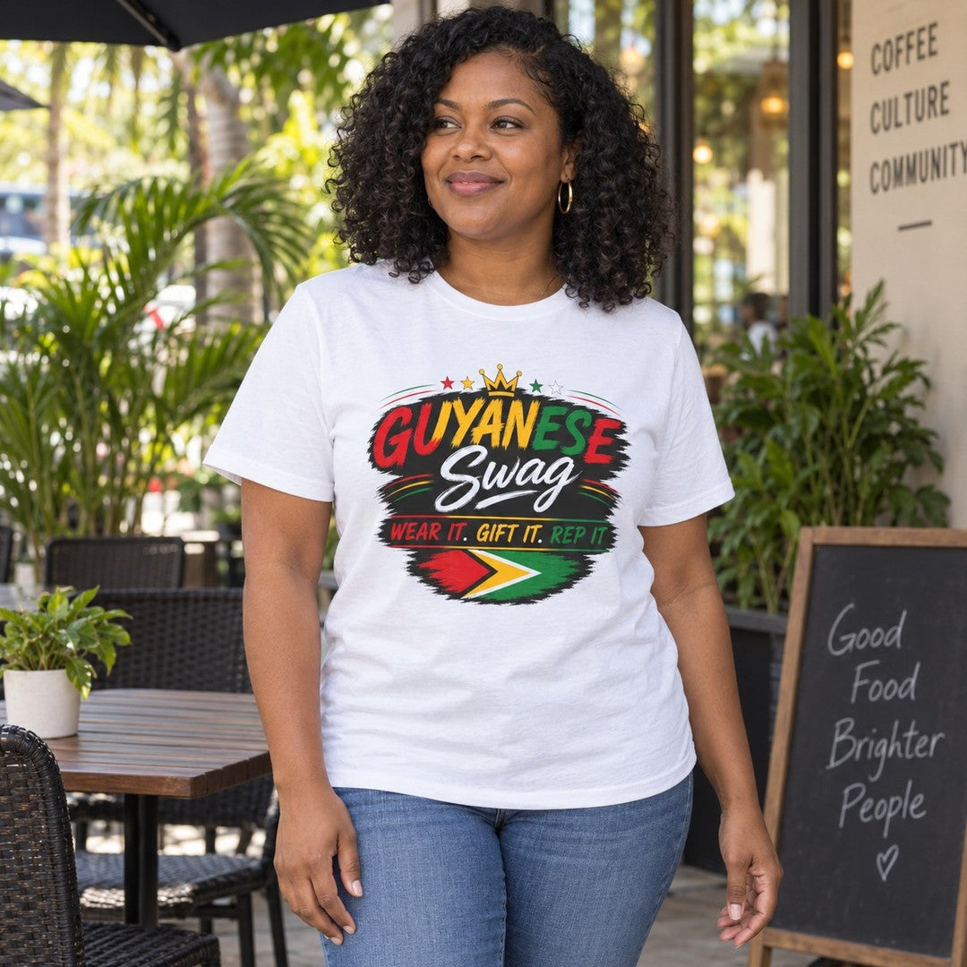 Guyanese Swag graphic shirt worn in a café.
